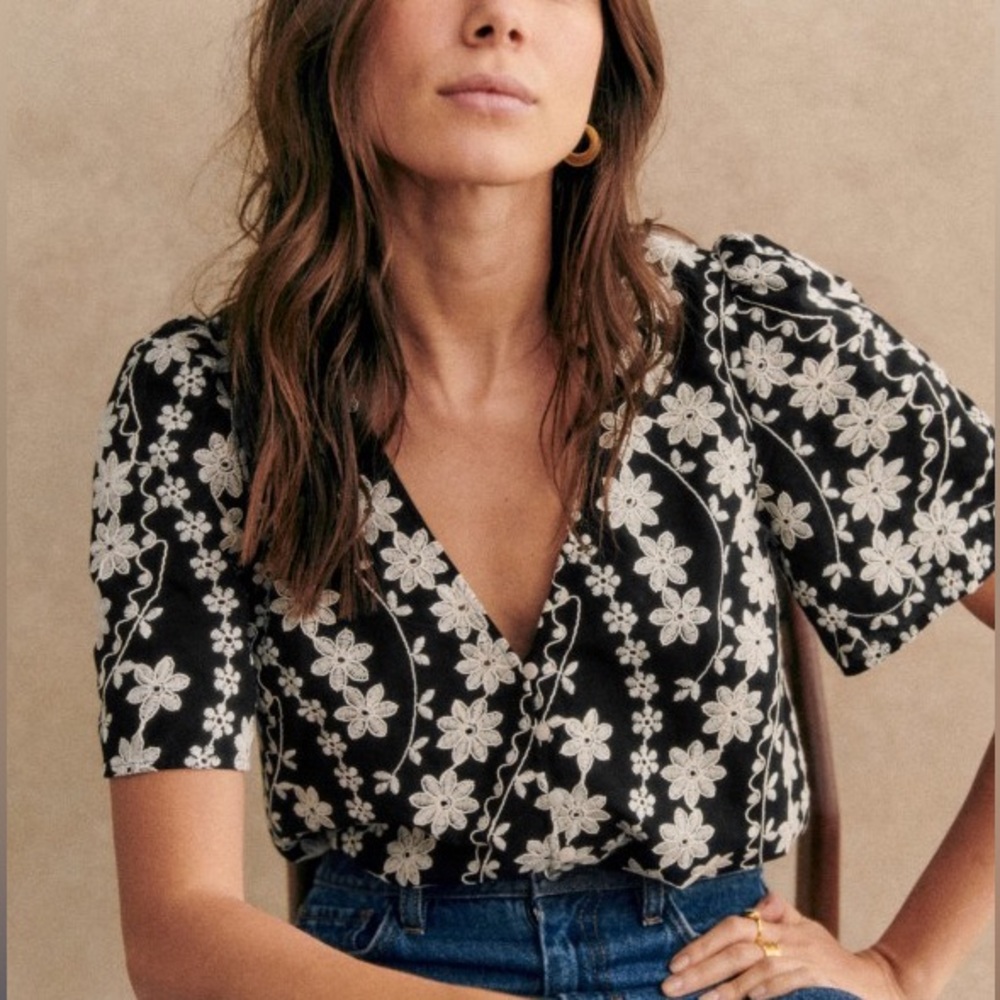 Sezane Black and White Floral Blouse
